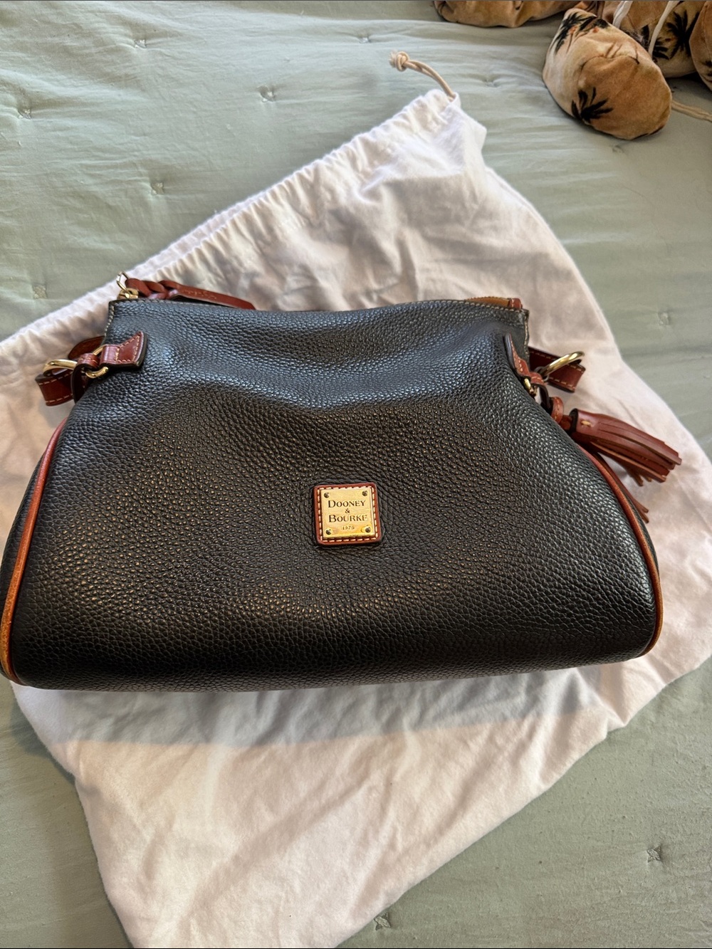 Dooney & Bourke Black Leather Shoulder Bag with Brown Trim
